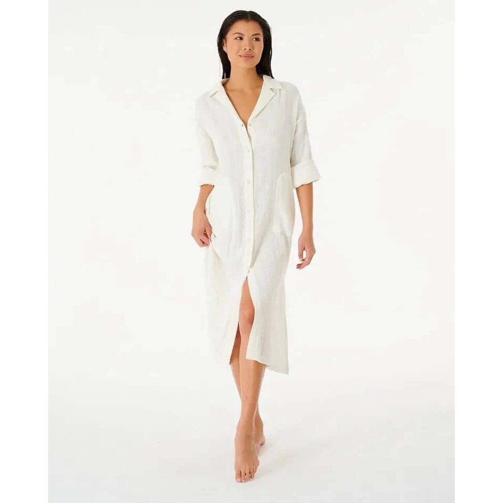 Rip Curl Norah Shirt Dress Large Bone White Cotton Gauze Maxi Button Front New‎